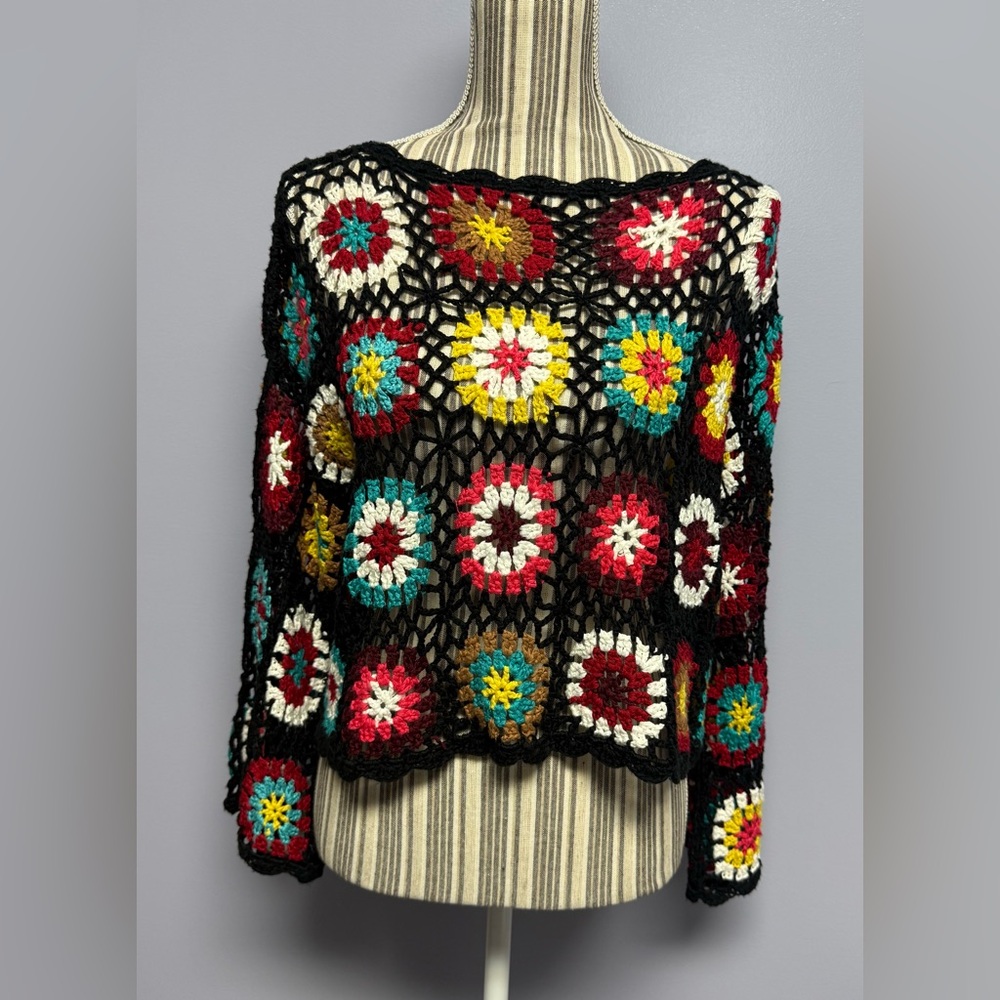 Wild Honey oversized bell sleeve Multicolor Crochet Knit cropped Sweater S - Picture 2 of 14